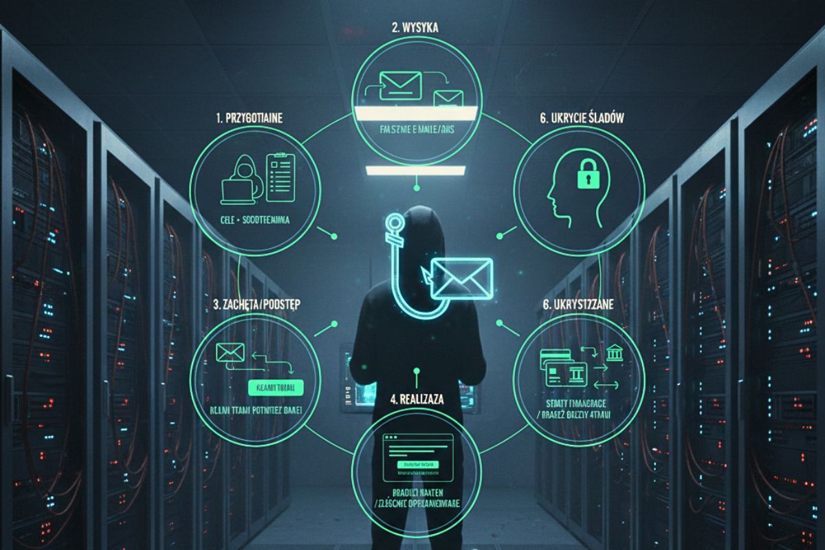 Infografika omawia 10 kroków phishing oraz jak się zabezpieczyć online